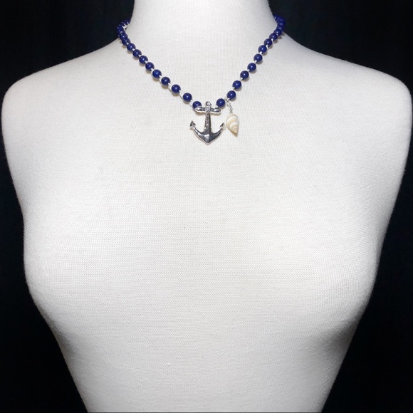 Navy Blue Beaded Anchor Necklace Earrings Set - Picture 2 of 3